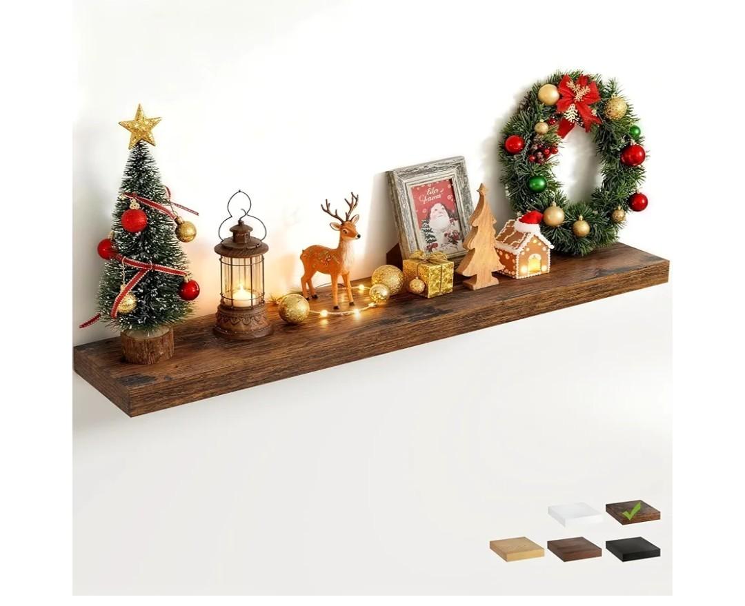 12" Deep Floating Shelves for Wall with Invisible Brackets, Wall Mounted Engineered Wood Shelves with Wood Grain for Living Room, Bedroom, Kitchen Decor and Storage, 72"L Set of 1, Rustic Brown