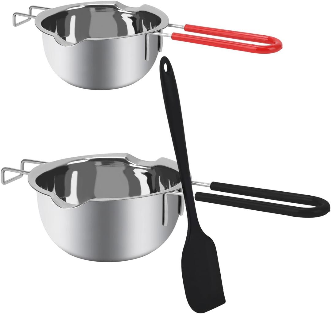Double Boiler Set, 304 Stainless Steel Melting Pot 16oz & 20oz Melting Bowl with Heat Resistant Handle Melting Cup for Chocolate, Butter, Candle, Candy, Soap (Silicone Spatula Included) (A style)
