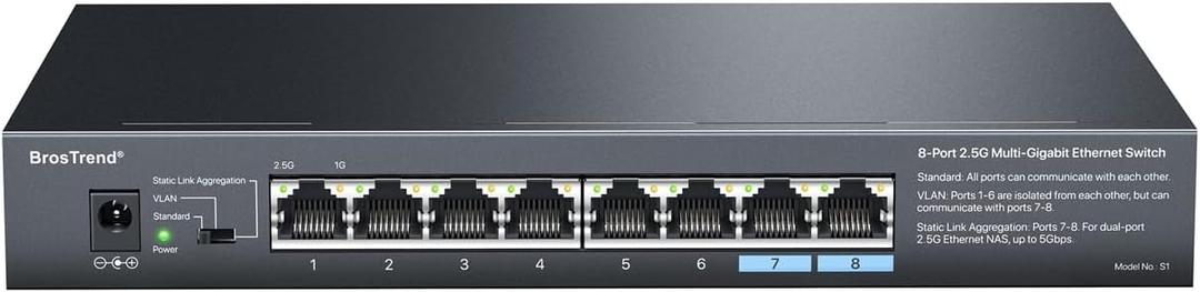 BrosTrend 8-Port 2.5G Ethernet Switch Multi-Gigabit Unmanaged Network Switch 2.5Gb Switch Supports Static Link Aggregation & VLAN, Ethernet Hub Fanless, Desktop Wall Mount, Limited Lifetime Protection