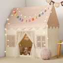 Kids Play Tent Indoor: with Brown Checkered, Mat, Rainbow Tissue Garland, Star Lights - Girl Tent Indoor Playhouse for Girls Kids Toys for Boy Girl BAirthday for Kids Gift