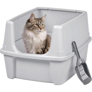IRIS USA Large Cat Litter Box with Scatter Shield and Scoop, Open Top High Sided Cat Litter Pan, Silver