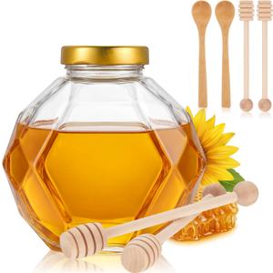 24 oz Honey Pot with Dipper Spoon and Metal Lid, Glass Honey Container Dispenser Mason Jar for Kitchen Syrup Storage, Take Home Gift and Bee Decorations