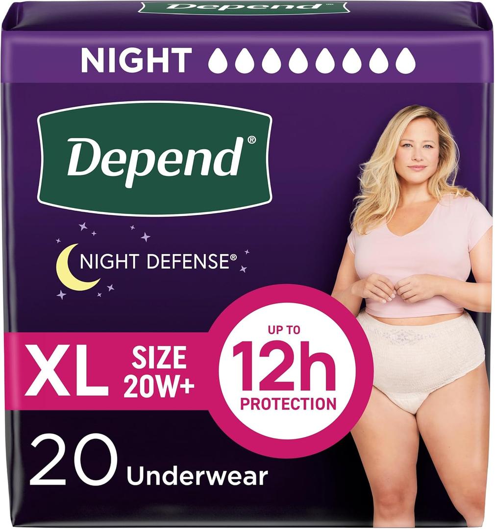Depend Night Defense Adult Diapers, Incontinence & Postpartum Bladder Leak Underwear for Women, Disposable, Overnight, Extra-Large, Blush, 20 Count