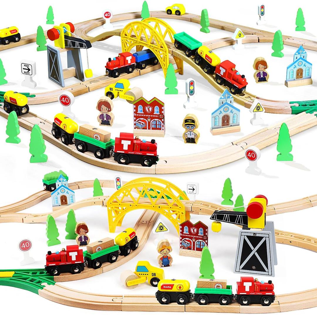 TOY Life Wooden Train Set 60pcs with Magnetic Crane, Wooden Train Tracks Toys for Toddlers Boys Girls 3 4 5, 3 Year Old Boy Gift, Wood Toys Toddler Train for Kids 4-8 - Fits Thomas Brio Chuggington
