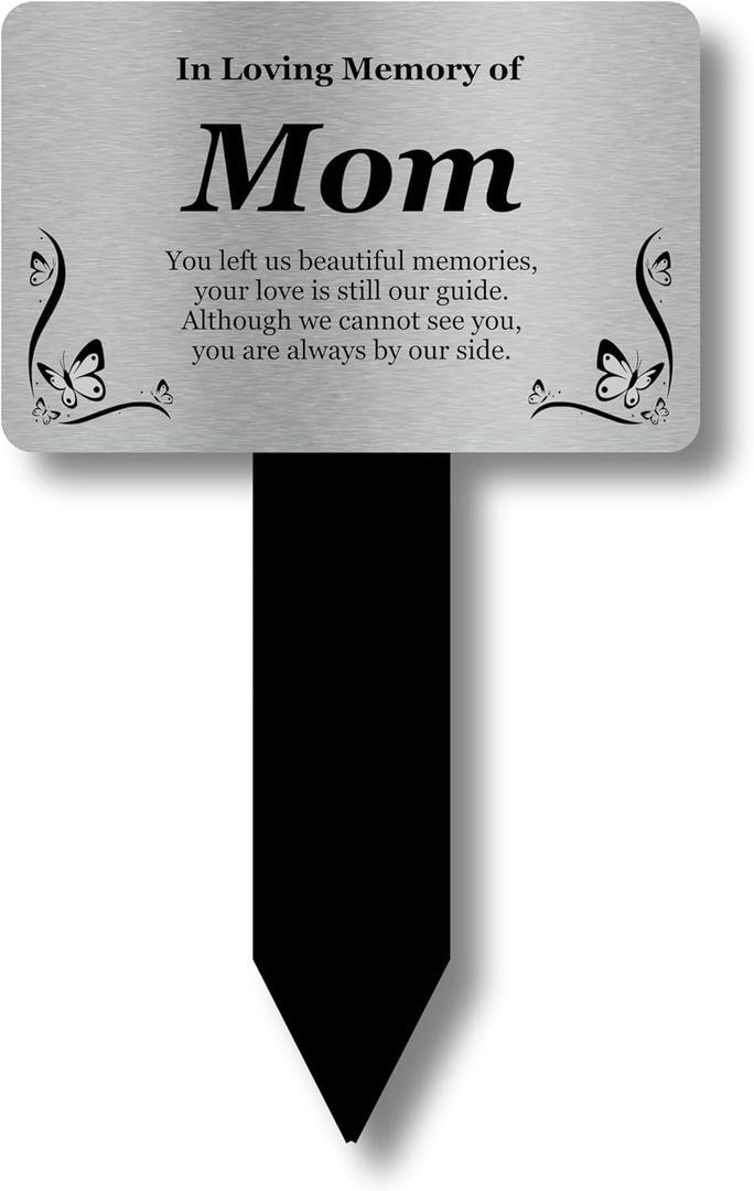 Memorial Plaque for Mom - Elegant Silver Aluminium Grave Marker with Black Acrylic Stake - Remembrance Garden Sign - Bereavement Gift