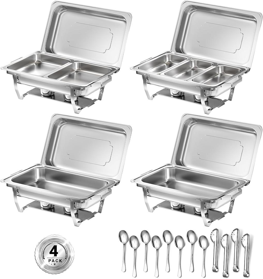 Chafing Dishes for Buffet, 8 Qt High Grade Chafing Dish Buffet Set, Rolled-Edge Design Food Warmers for Parties, Buffet, Wedding, Birthday, Camping 4 Pack 7 Pans [Silver]