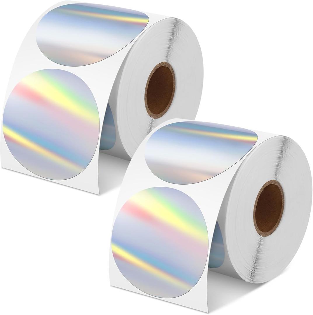 Kosiz 1000 Labels/ 2 Rolls Silver Holographic Thermal Sticker Labels Self Adhesive Printable Thermal Labels Rainbow Stickers for DIY Logo Design QR Code Name Tag (Holographic Round Style, 2")