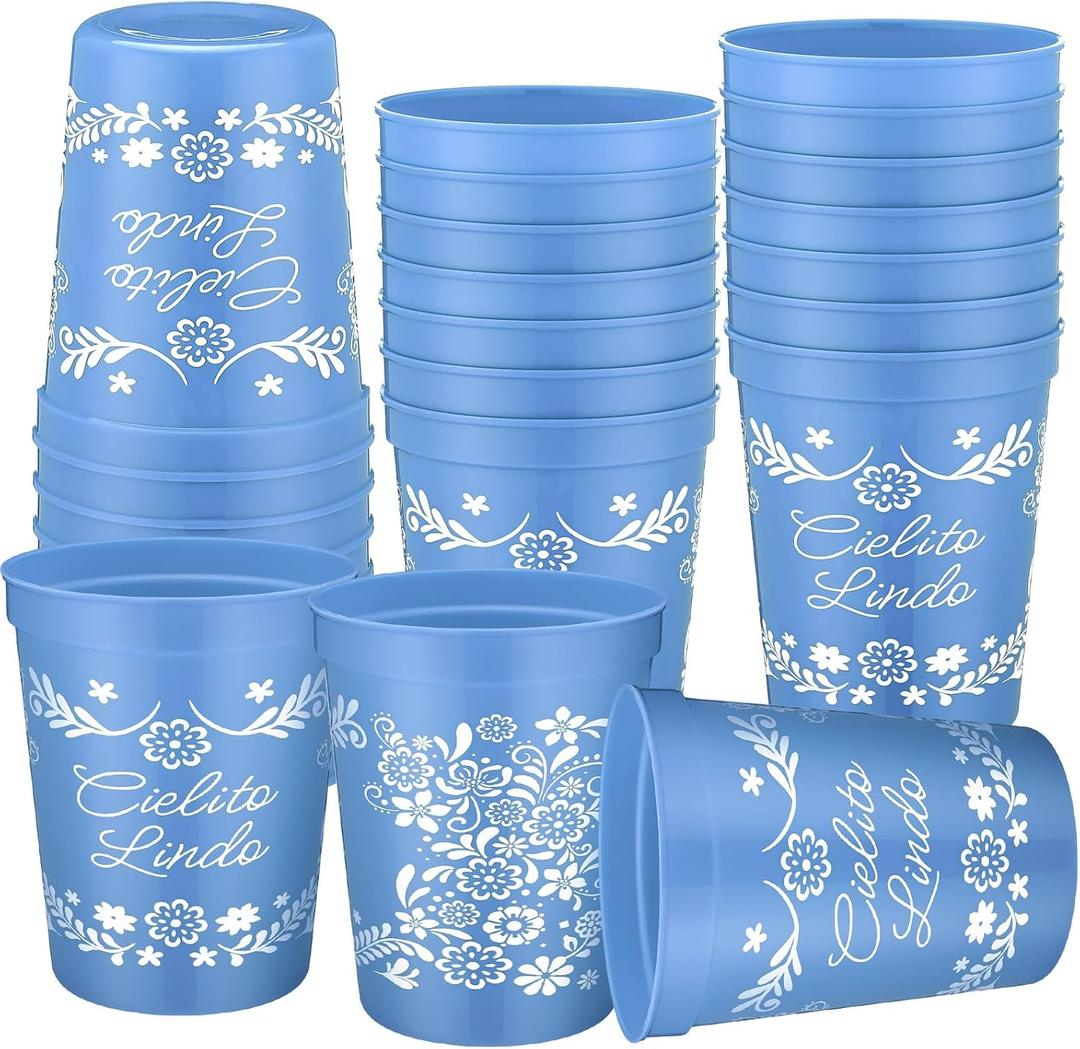 Qinyoung 24 Pcs De Barro Mexicanos Cielito Lindo Party Decoration Cups 16oz Reusable Plastic Cups for Mexican Wedding Party Supplies Birthday Favor Bulk for Ice Coffee, Juice Smoothie(Blue)