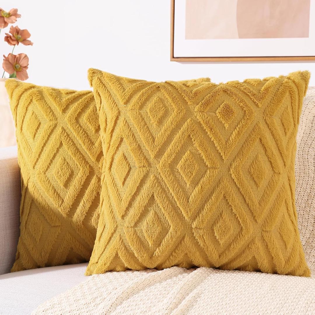 decorUhome Summer Couch Euro Sham Throw Pillow Covers 24x24 Set of 2, Decorative Soft Plush Faux Fur Wool Accent Pillow Covers for Modern Farmhouse Bed Sofa Living Room, Mustard Yellow