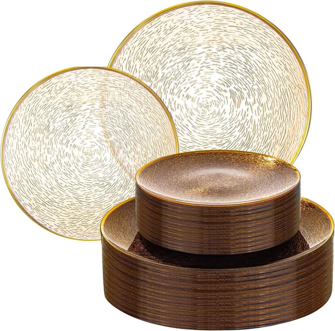 Liacere 60Pcs Brown Plastic Plates - Brown Disposable Plates With Gold Rim, Heavy-duty Amber Plates,Water ripples Party Plates Include 30 Dessert-Platos,30 Dinner-Platos for Party & Wedding