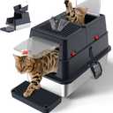 Stainless Steel Litter Box with Lid, Enclosed Metal Litter Box, Extra Large Kitty Litter Pan Covered with Scoop & Pedal, Odor Control, Odor Free, Front & Flip-Top Entry, Black