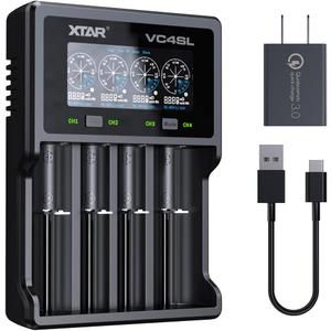XTAR VC4SL 3A Fast Charger 4-Bay, 18W QC3.0 Adapter Included, LCD Battery Analyzer for Li-ion 21700 18650 & NiMH AA/AAA Rechargeable Batteries