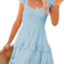 Women Summer Dresses Casual Boho Smocked Ruffle Sun Beach Babydoll Mini Dress Layered Flowy Swing Dress (Small, Sky Blue)