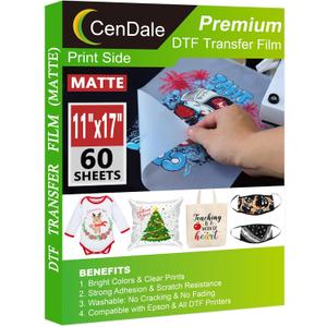 CenDale DTF Transfer Film 11"x17" - 60 Sheets Double-Sided Matte DTF Film for Sublimation Hack on Cotton, Direct to Film Printing on Dark and Light T-Shirts Textile, Hot & Cold Peel DTF Paper