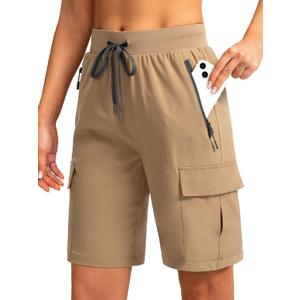 Soothfeel Women's 9" Hiking Cargo Shorts with 5 Pockets Quick Dry Summer Athletic Golf Bermuda Long Shorts for Women Casual (3X-Large, Dark Khaki)