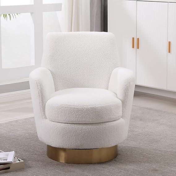 KEIKI Teddy 360° Swivel Barrel Chair with Gold Stainless Steel Base, Accent Round Single-seat Upholstered Reading Chair Armchair Sofa for Nursery, Reading, Living Room, Bedroom, Lounge, Ivory Teddy