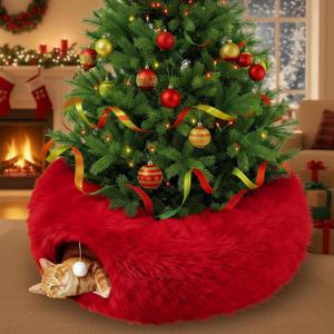Thyle Christmas Cat Tunnel Bed 3ft x 3ft x 9.8in Under Christmas Tree for Indoor Cats Xmas Pet Donut Tunnel with Washable Cushion Foldable Round Pet Toy for Small Animals Kitten(Burgundy)