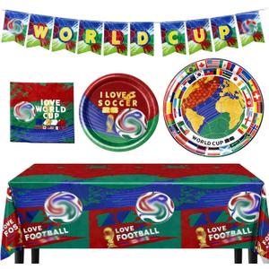 World Cup Decorations, 2026 World Cup Decorations, 42 Piece Soccer Theme Tableware Set, Ideal for Viewing Parties and Soccer Celebrations, Includes Banner, Tablecloth, Plates and Napkins