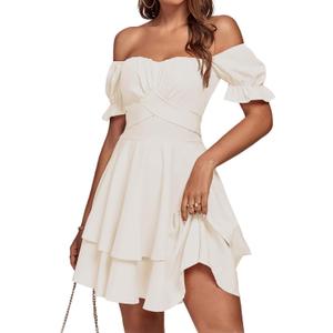 LYANER Women's Tie Back Off Shoulder Wrap Layer Ruffle Short Sleeve Mini Dress (Small, Beige)