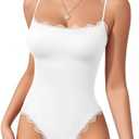 MANGOPOP Women's Cami Thong Bodysuit Double Lined Square Neck Backless Body Suit Adjustable Spaghetti Strap Tank Tops M