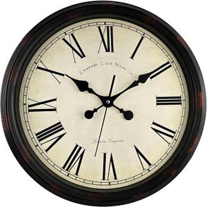 Round Classic Wall Clock Silent Non Ticking 16 Inch Extra Large Quality Quartz Vintage Clock, Rome Retro Decorate Clock Battery Operated, Easy to Read for Home Kitchen Living/Restaurant (Black-brown)