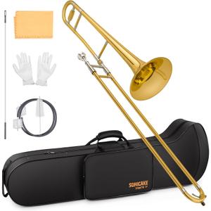 SONICAKE Bb Alto Slide Trombone for Beginners Students - Gold Lacquer Brass Trombone Full Kit with 7C Mouthpiece, Hard Case, Gloves & Cleaning Kit QTB-01