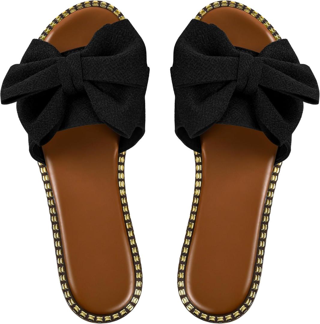 Women's Bow Knot Slides Open Toe Flat Sandals Summer Slip On Slippers (8, Black)