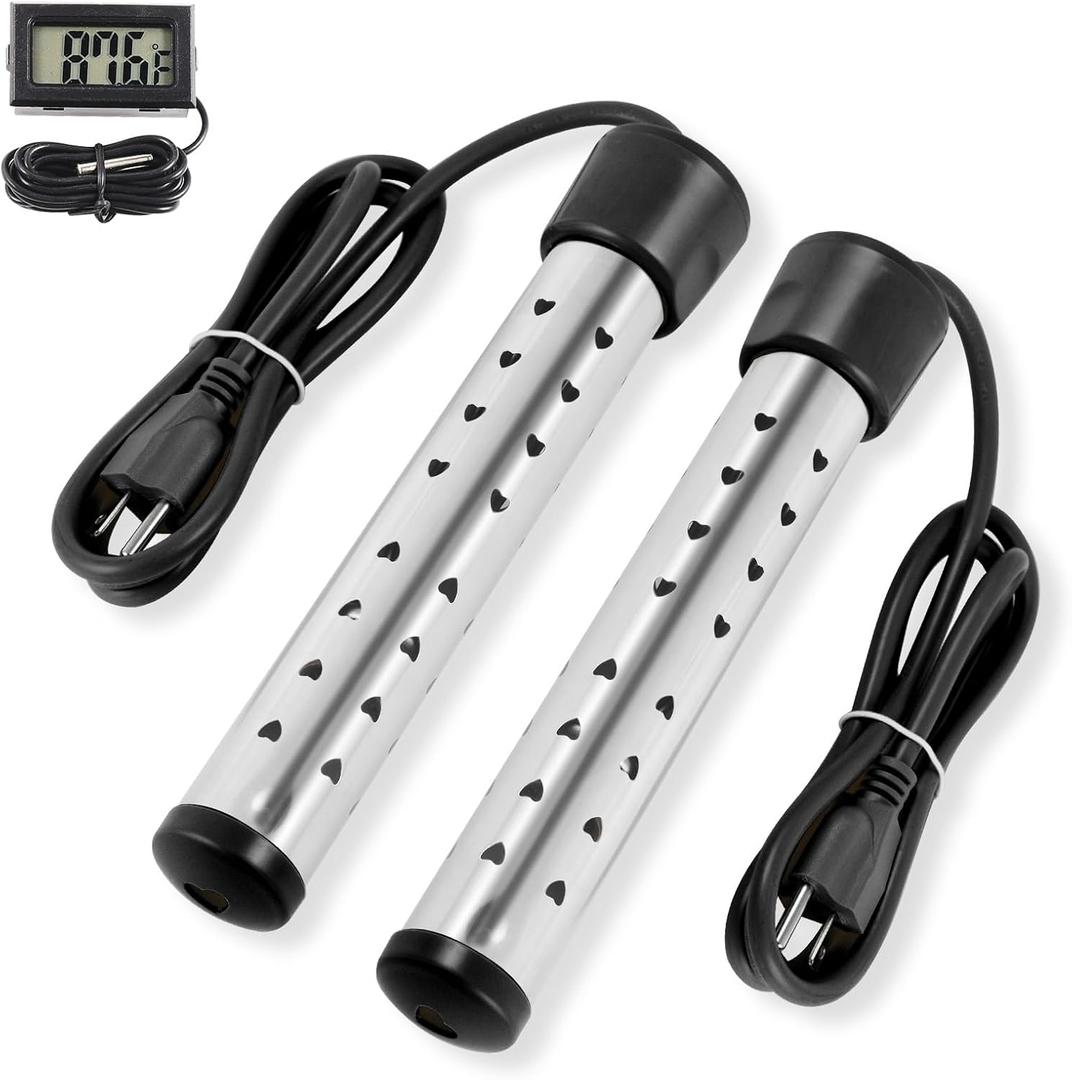 Portable Immersion Water Heater with Stainless Steel Cover, Quick Heating Immersion Heater with LCD Thermometer, Anti-scalding Bucket Heater for Indoor & Outdoor (2 Pcs, Black)