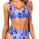 Tempt Me Women Two Piece Scoop Neck Bikini Crop Top Swimsuit Sporty High Waisted Bathing Suit (Purple, S)
