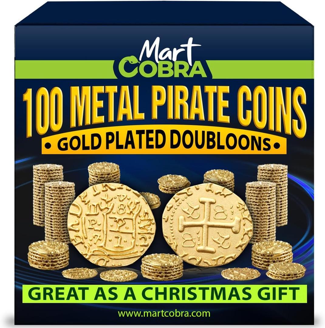 Pirate Coins Metal Gold Coins for Kids - 100 Pieces - St Patrick St Patty Day Leprechaun Fantasy Board Game Toy Doubloons Loot Tokens Monedas De Oro Pirate Props Chest Poker Set Bulk Money Medallion