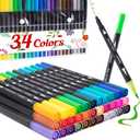 Reaeon Coloring Markers Pen, Dual Brush Tip Marker for Adult Coloring, 34 Color Calligraphy Brush Fine Tip Pen for Beginner Journal Planner, Drawing, Doodle