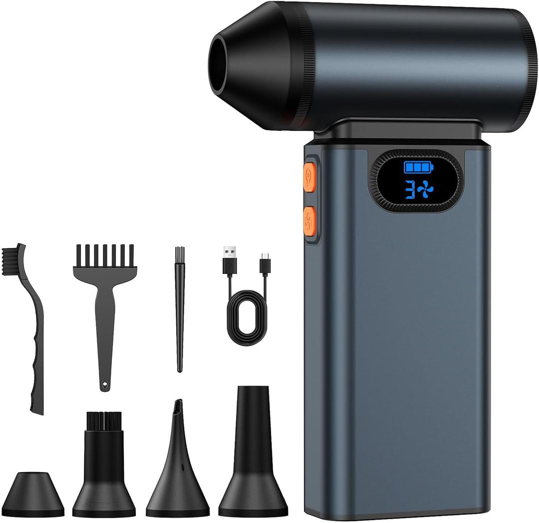 Metal Electric Compressed Air Duster, 300000RPM High Speed Rechargeable Air Blower&Pump for Leaf Blower with Digital Display, 4-Speed Modes-Brushless Motor Mini PC Dust Cleaner with Light(Grey)