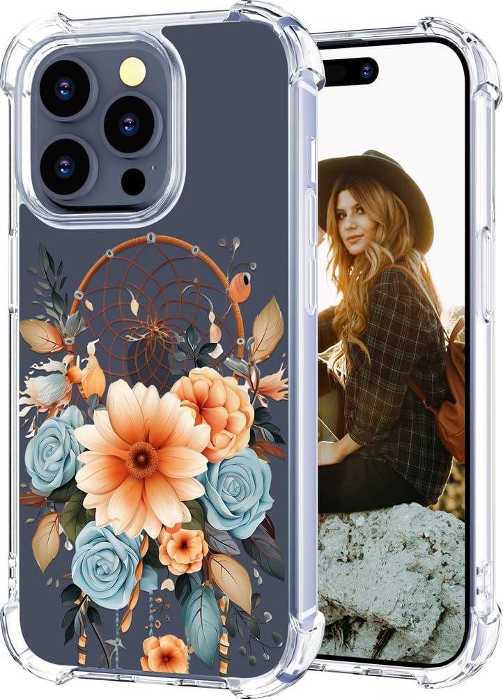 Hungo Compatible for iPhone 15 Pro Case for Women Clear Design Cute,Girly Girls Aesthetic Designer Dreamcatcher Dream Catcher Flowers Hungo Compatible for iPhone 15 Pro Case for Women Clear Design Cute,Girly Girls Aesthetic Designer Dreamcatcher Dream Catcher Flowers