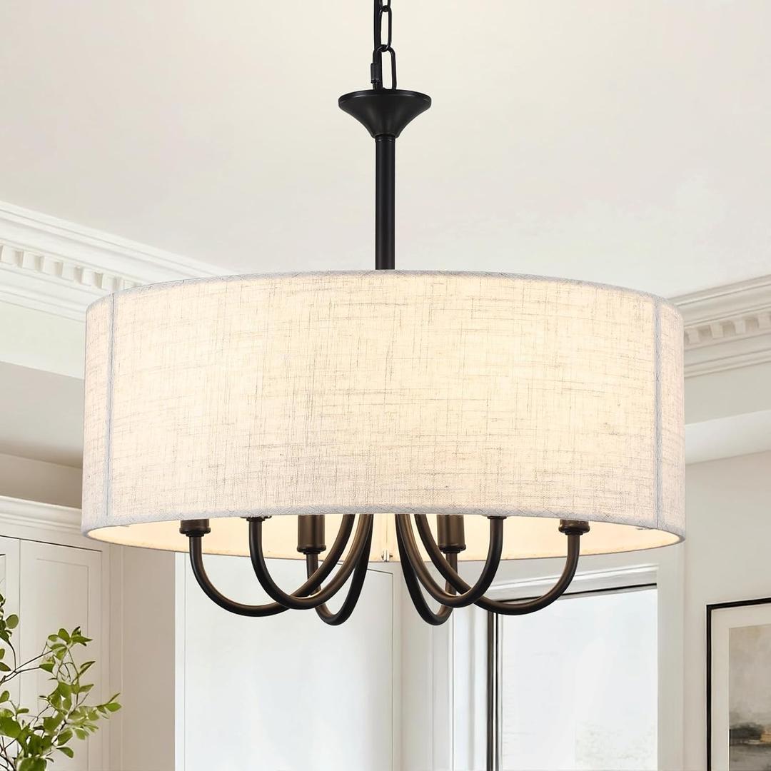 18'' Drum Chandeliers for Dining Room, 6-Light Black Farmhouse Chandelier Linen Drum Light Fixture, Round Chandelier Hanging Pendant Lighting for Bedroom Living Room Foyer