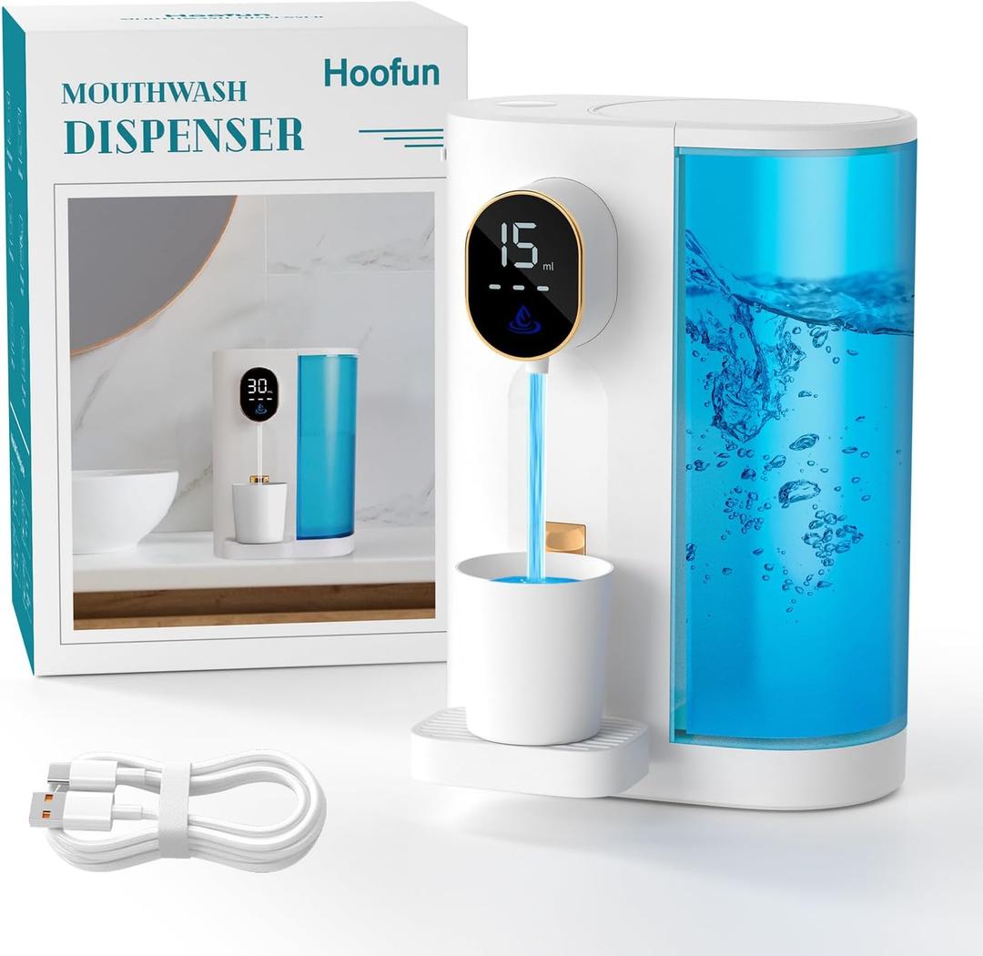 Automatic Mouthwash Dispenser 20.3 oz Touchless for Bathroom, 4 Dispensing Levels, Magnetic Cup, USB Rechargeable, Wall/Countertop, Kids Adults - Bathroom Accessories (White)