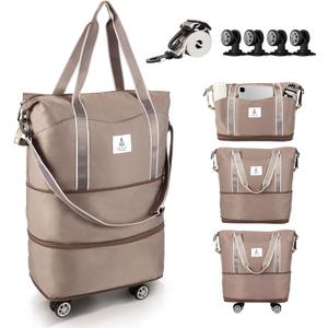 Rolling Duffle Bag with Detachable Wheels and Adjustable Shoulder Strap, Large Expandable Foldable Carry On Luggage Bag with Handle and Suitcase Sleeve, Weekend Travel Airplane 25L-55L (Brown)