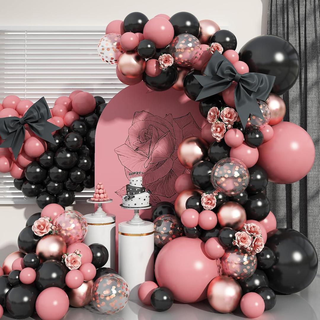 Dusty Pink and Black Balloon Arch Kit, 112 PCS Pink Rose Gold and Black Balloons Garland with Rrose Gold Confetti Metallic Rose Gold Balloons, Retro Pink Balloons for Bachelorette Princess Party Deco