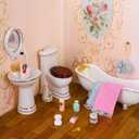 1:12 Dollhouse Miniature Porcelain Bathroom Set 5Pcs White Ceramic Toilet Basin Bathtub Mirror Miniature Furniture with 15Pcs Doll Accessories Comb,Bathball,Water Cup,Toothbrush Toothpaste