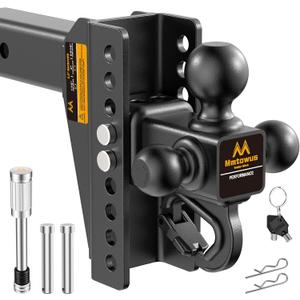 Adjustable Trailer Hitch - Drop Hitch -Tri Ball Mount w/Hook (1-7/8'', 2''&2-5/16''), Fits 2.5-Inch Receiver, 8'' Drop/Rise 15,000 LBS GTW Tow Hitch, 3 Ball Hitches for Trucks, RV, Camper etc