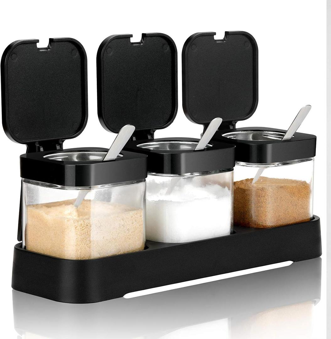 Mlici Condiment Jar Spice Container with Lids and Spoons, 8.6oz Clear Glass Condiment Canisters Pots Seasoning Box Salt Container Sugar Bowl Set of 3 for Kitchen, Containers, Black