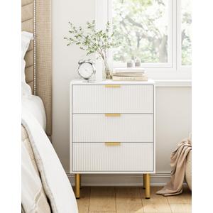 Nightstand with 3 Drawers,Fluted Bedside Table with Gold Frame,25.7" H White Night Stand,Mid Century Modern Side Accent Table for Bedroom,Living Room