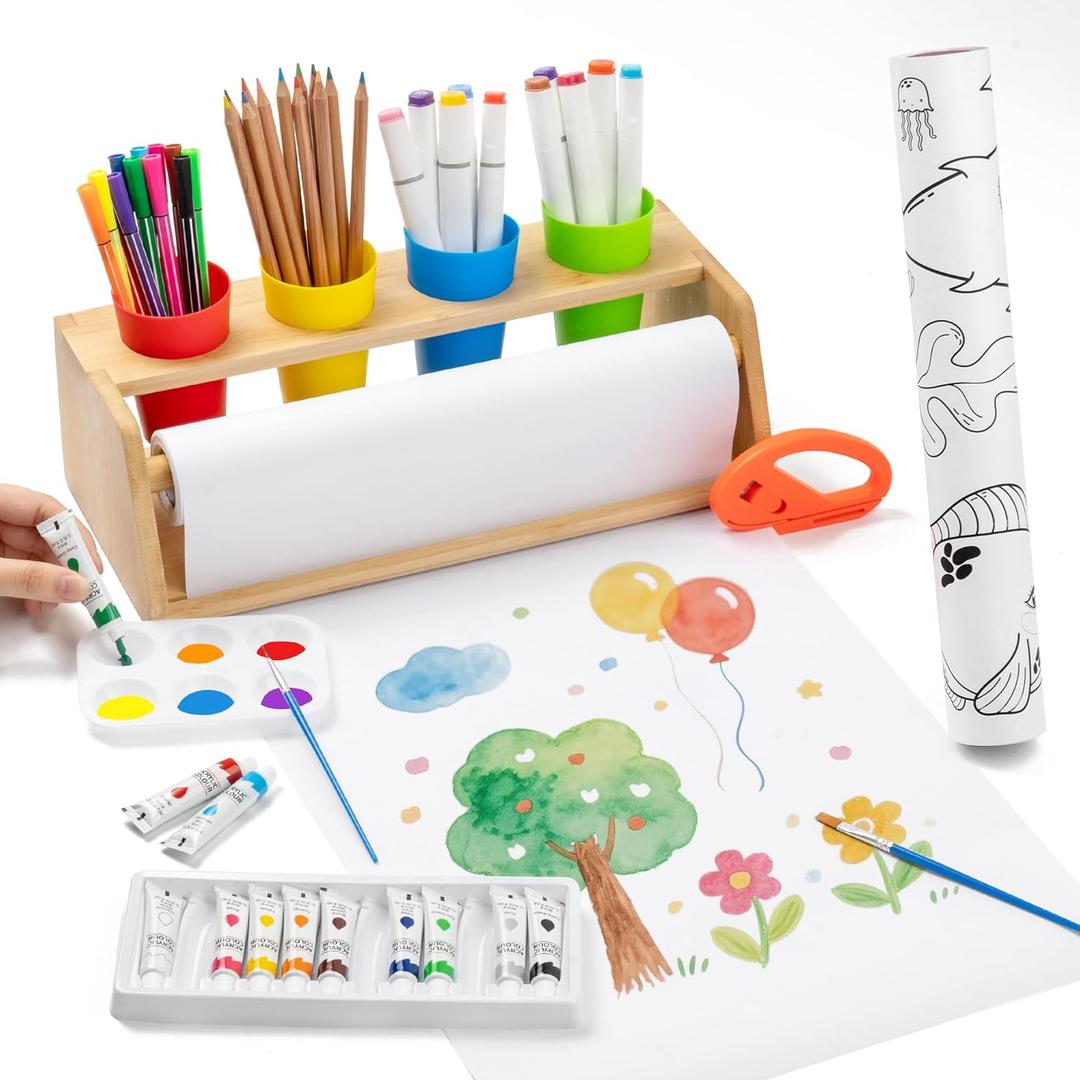 Payarma Paper Roll Dispenser for Kids Art Tabletop Easel with Blank & Patterned Paper Rolls, 12 Pigments, Drawing Tools, Pen Cups Craft Station for Kids Ages 3-8 in Home, Classroom
