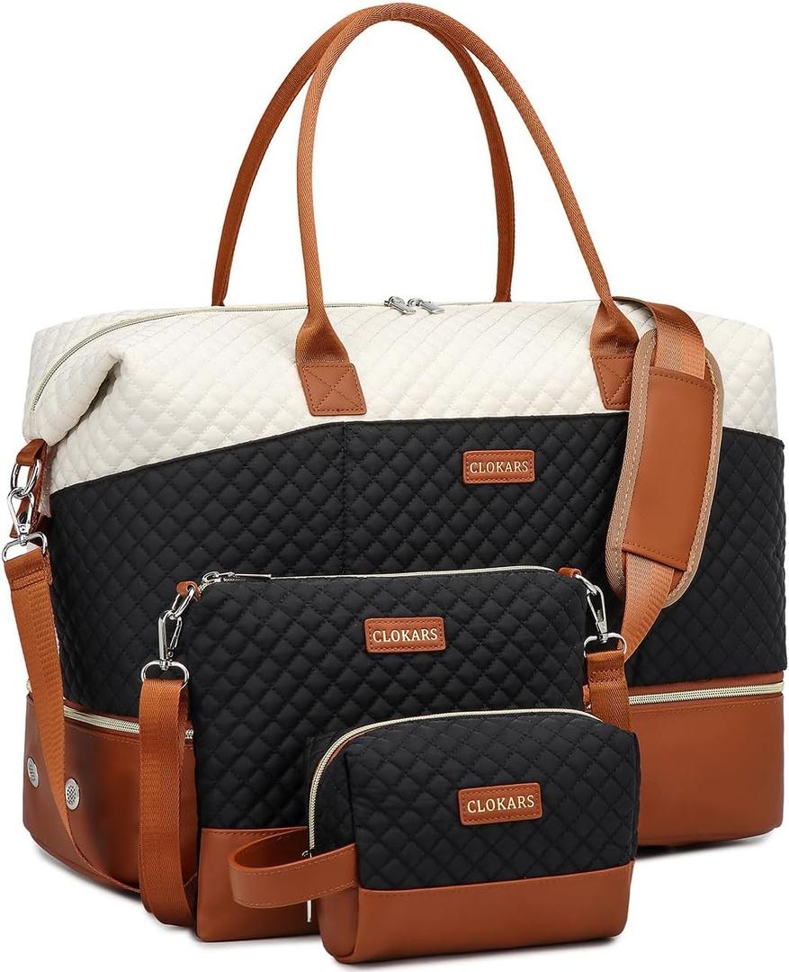 Travel Bag for Women, Weekender Bags Large Carry On Overnight Bag Duffel with Separate Shoes Compartment & Strap, Hospital Bags for Labor and Delivery, Beigeblack Brown (Medium)