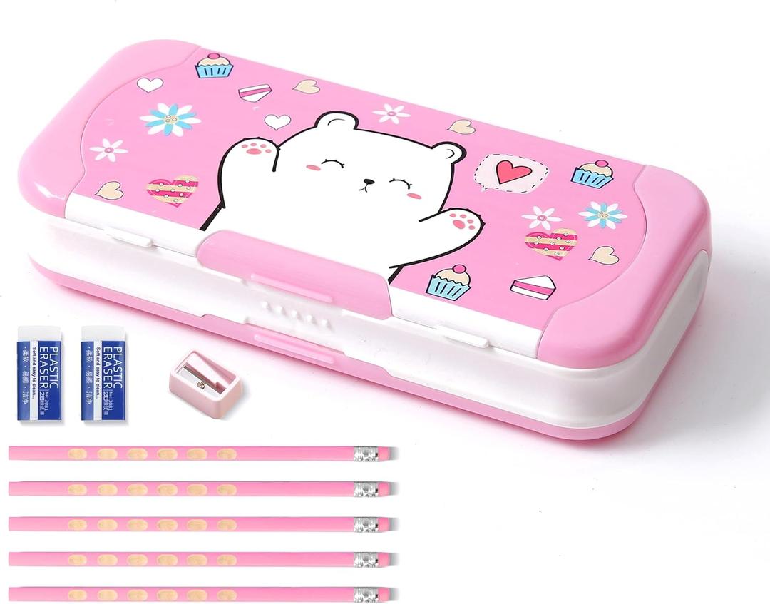 Multifunction Pencil Case with Supplies for Kids, Pencil Holder for Students, Cute Pencil box for Girls and Boys with Pencil, Erasers, Sharpener, Back to School Supplies (Pink Bear)