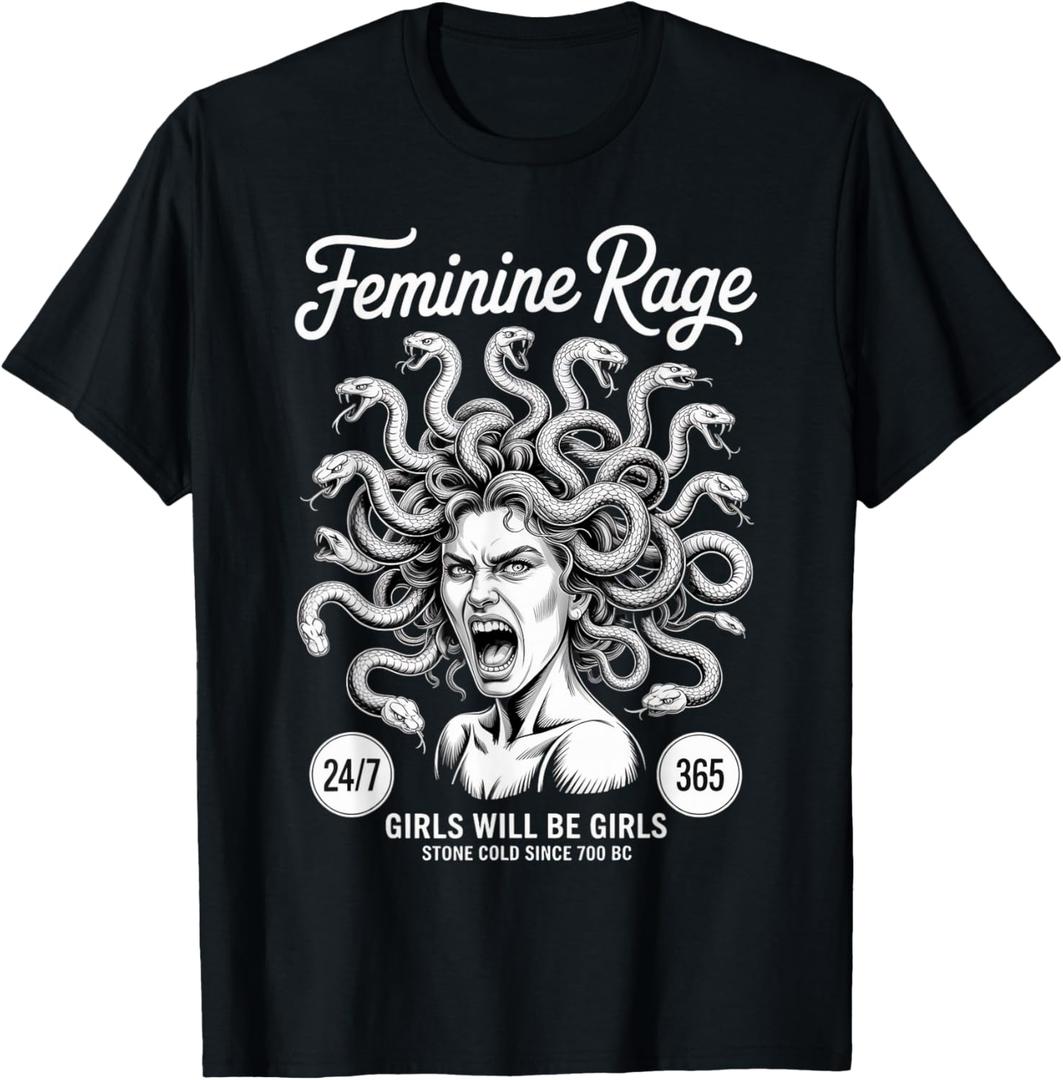 Feminine Rage Girls Greek Mythology Goddess Female Medusa T-Shirt (XL, Black)