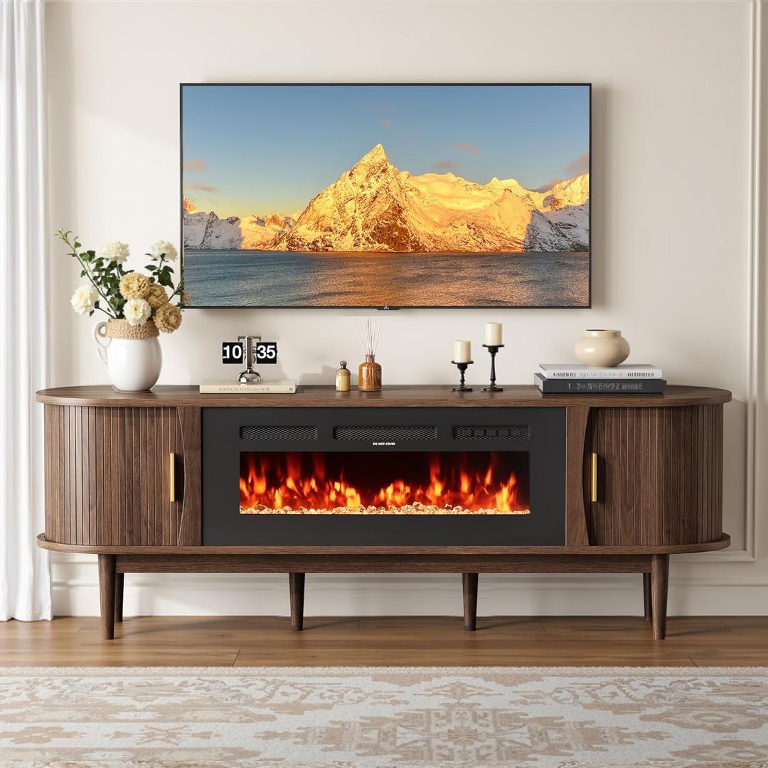 Decofy 70 Fluted Fireplace TV Stand for 80 TVs, Remote & Touch Control Adjustable Flame Colors & Temperature, Entertainment Center with Storage, Modern Media TV Console Table for Living Room(Walnut)
