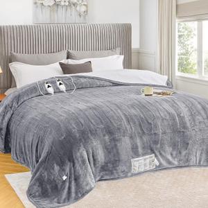 Greenoak Heated Blanket Electric Queen Size 84"X90" Dual Control, Heating Blanket with 10 Heat Levels 8 Hours Auto-Off, Fleece Soft Gifts for Grandma Seniors Mom,Misty Grey