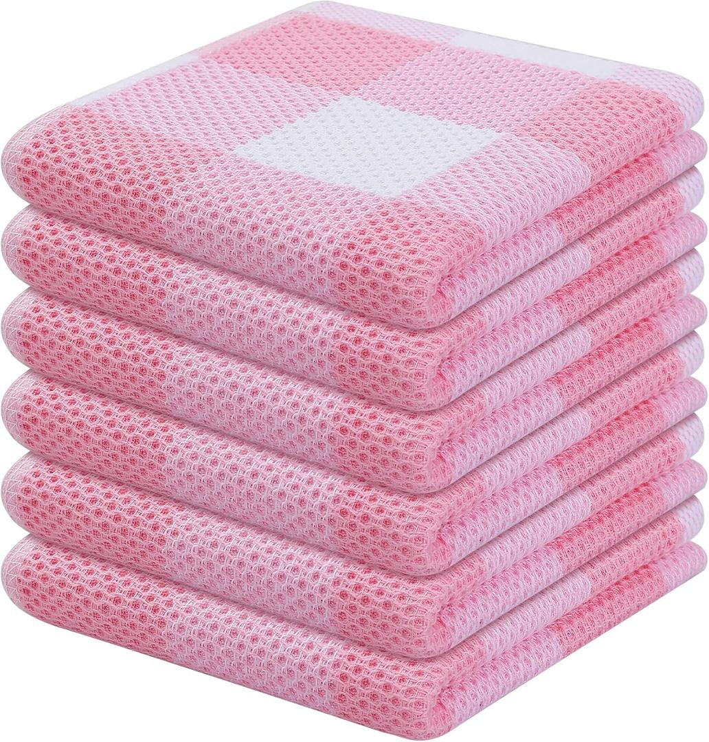 Homaxy 100% Cotton Waffle Weave Check Plaid Dish Cloths, 12 x 12 Inches, Super Soft and Absorbent Dish Towels Quick Drying Dish Rags, 6-Pack, White & Pink