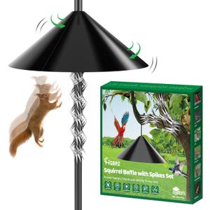 2-in-1 Squirrel Baffle for Bird Feeder Pole Shepherds Hooks with 40" Spikes Set, 19" Dia Raccoon Buster Cone, Bird House Guard for Outdoors Stand Mount & Hanging,Rust Chew Proof Heavy Duty ABS (Black)