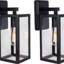 LIT-PaTH Outdoor Wall Lantern, Wall Sconce as Porch Lighting Fixture, E26 Medium Base Max 60W, Anti-Rust Metal with Glass Shade, Black, 2-Pack